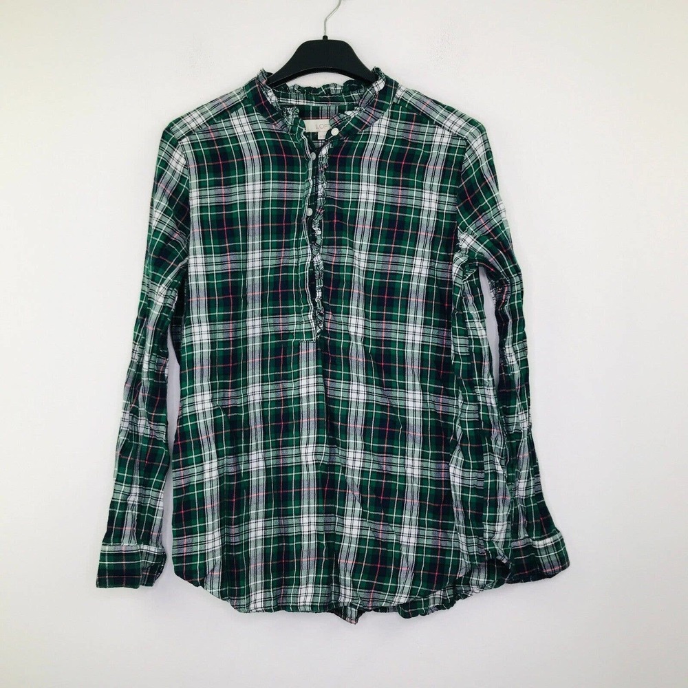 LOFT Green White Plaid Ruffle Henley Blouse